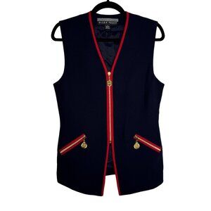 Vintage 1994 Ellen Tracy Navy Wool Zip Vest Gold Accents Sz 10 Red Trim Academia